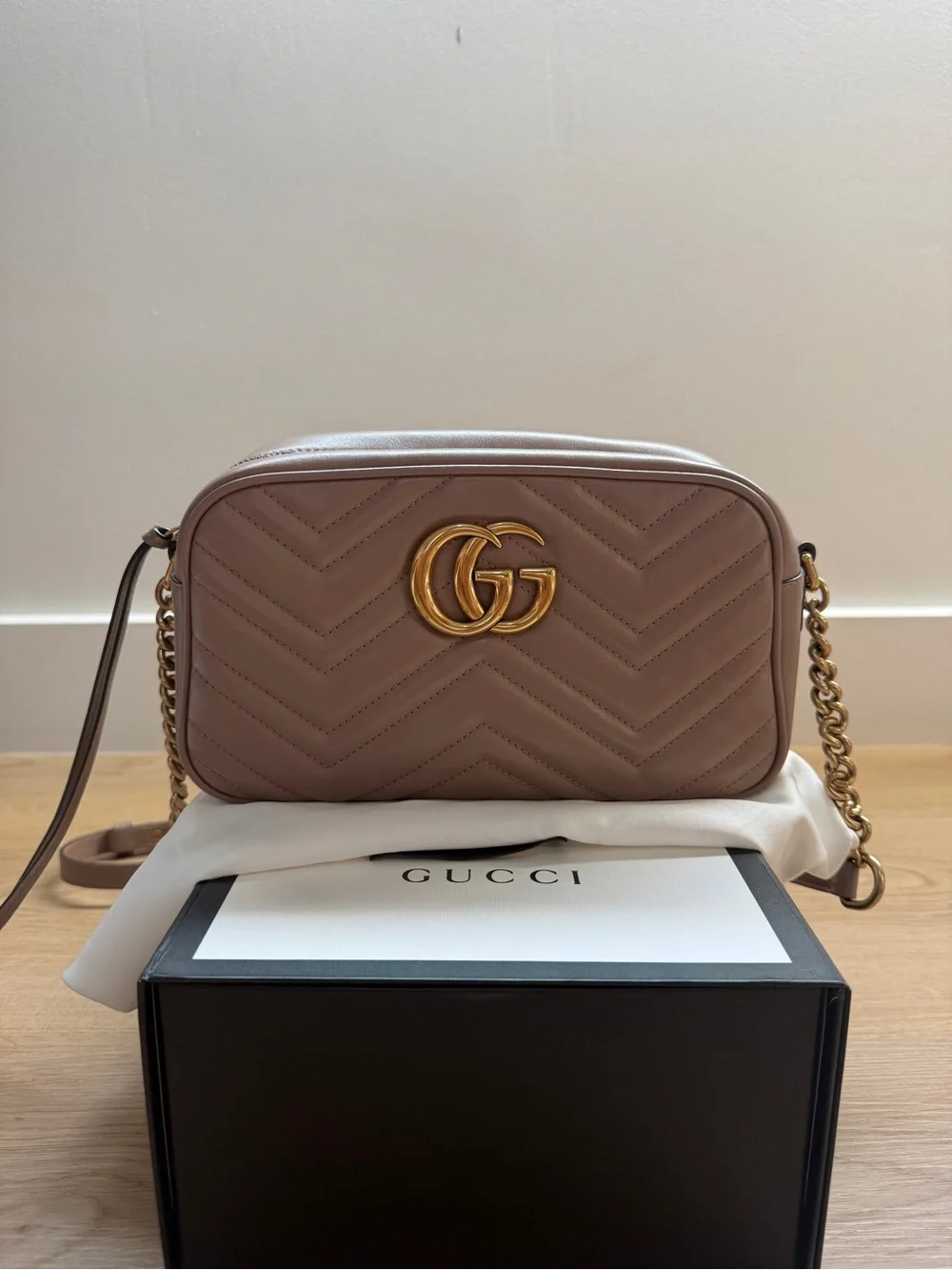Gucci Quilted Leather GG Marmont Crossbody in Taupe